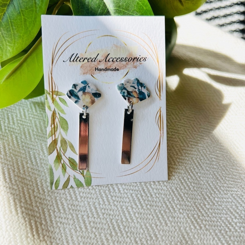 2/$30 Lemon Print Silver Bar Dangle Earrings